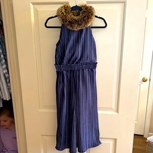 Janie and Jack Chic Blue Striped Jumpsuit with Faux Fur Collar